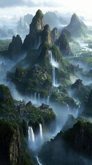 A scenic landscape featuring waterfalls cascading down lush, green mountains, with traditional temples nestled among the peaks, shrouded in mist.