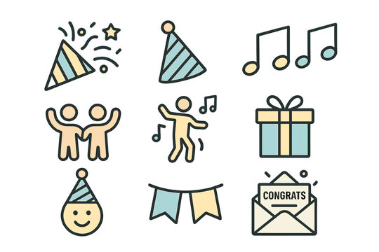 Party line icon set featuring celebratory, dancing, musical, congratulatory icons and more