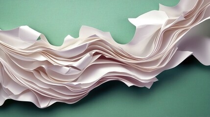 Abstract image of a wave-like form created from paper, flowing across a textured green background. The paper is white, with soft shadows and a sense of movement