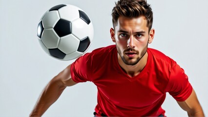 young man red shirt serious expression his face mid air his right arm extended his arm bent elbow ball front him its black white stripes clearly visible background plain white making man ball focal