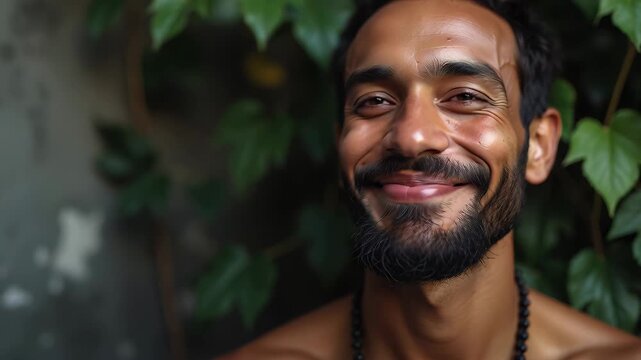 Man with closed eyes smiling, then opening them, finding inner peace and joy. Meditation and wellness concept for mindful living.