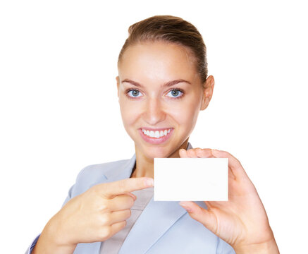 Portrait, pointing and woman with card, business and product placement on white studio background. Happy, person and professional with gesture, mockup space and advertising with promotion or branding