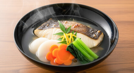 雑煮スープ｜焼き魚・餅・人参・青菜・柚子皮入りの和風だし