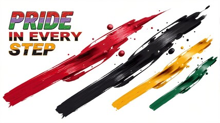 Black month celebration banner with "Pride in every step" text. Illustration with red, black, green, and yellow paint strokes for cultural heritage events