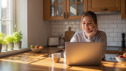 A woman embraces the fusion of remote work and home life, enjoying the flexibility and comfort of working from a modern kitchen with natural light.
