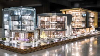 Medium shot of commercial building design models featuring sleek glass exteriors and dynamic retail spaces highlighting innovative architectural visualization techniques