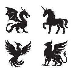Mythical Creature Silhouette Logo Set – Dragon, Unicorn, Phoenix, Griffin