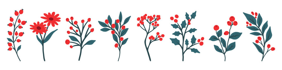 Christmas plant leaf, flower set. Hand drawn doodle sketch holly floral, christmas tree leaves, winter branch elements. Holiday decoration, rustic wreath sketch doodle. Vector illustration.
