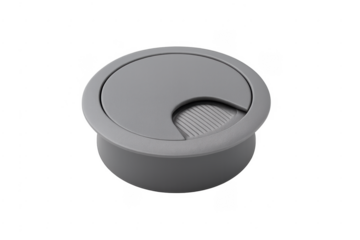 Gray plastic desk grommet managing cables through office furniture