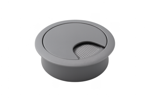 Gray plastic desk grommet managing cables through office furniture