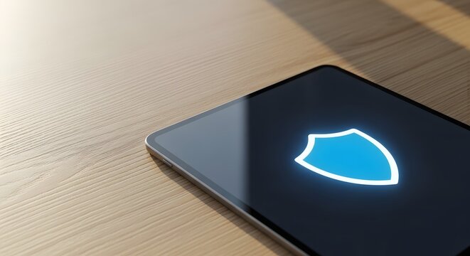 Modern digital tablet showing a glowing blue shield icon on a light wooden desk for data privacy day concept and online security