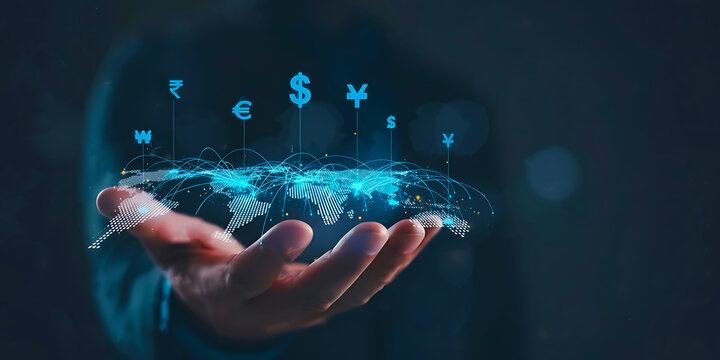 Global currency exchange concept, Businessman holding virtual world map and dollar yuan yen euro and pound sterling sign. Global business, international trading currency, world economy money