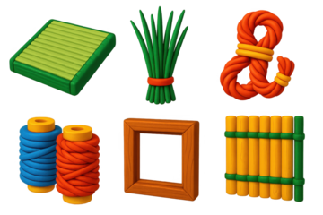 Collection of objects including a frame, a piece of wood, a piece of rope