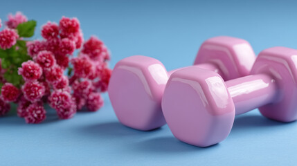 Two pink dumbbells resting next to a bunch of vibrant flowers. Bright blue background creates an energizing atmosphere. Concept of fitness, wellness, health promotion