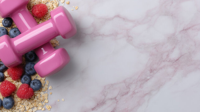 Pink dumbbell lies on smooth marble surface surrounded by blueberries and raspberries with oatmeal. Concept of nutrition, exercise, wellness, fitness programs, health clubs
