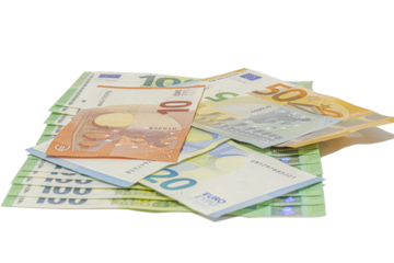 Pile of assorted euro banknotes including one hundred, fifty, twenty, ten and five euro notes scattered on a plain transparent background, studio shot in tilted view, close-up macrophotography.