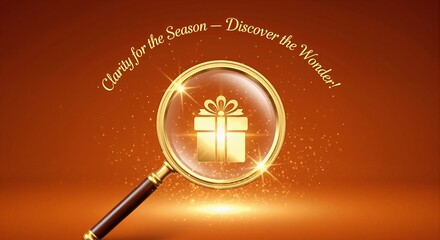 Holiday search concept with a magnifying glass over a gift box icon. Discovering the perfect present for the Christmas season. Festive sale and promotion advertising background