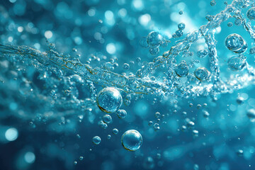 Clinical skincare laboratory concept with clear water bubbles and DNA strand structure in blue background showing purity hydration and scientific innovation