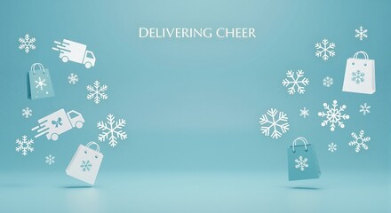Holiday delivery and online shopping concept. Christmas e-commerce with trucks and bags for winter season sale. Express shipping service with copy space