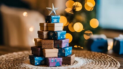 Stack of colorful gift boxes arranged like a christmas tree with a silver star on top, set against a warm bokeh background - Powered by Adobe