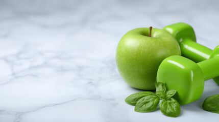 Fresh green apple next to bright green dumbbells and basil leaves on smooth marble surface. Concept of fitness, healthy eating, wellness. Ideal for gyms, nutrition guides, health coaching