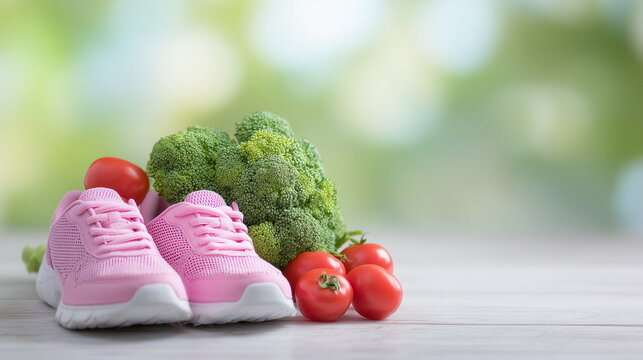 Pink sneakers placed on wooden surface next to fresh broccoli and tomatoes. Bright green background suggests health and wellness. Concept of fitness, nutrition, lifestyle balance