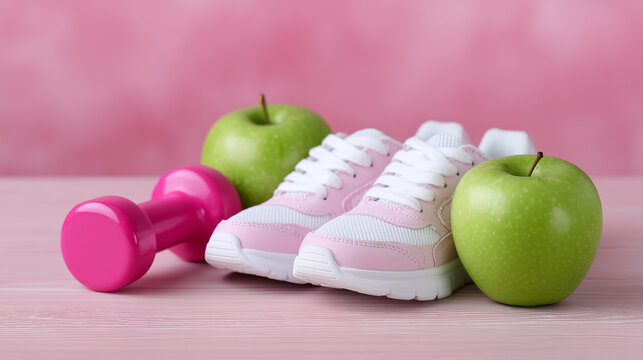 Pink athletic shoes positioned next to green apples and a pink dumbbell on a soft pink surface. Represents fitness, nutrition, and healthy living. Concept of wellness, gym, fitness coaching