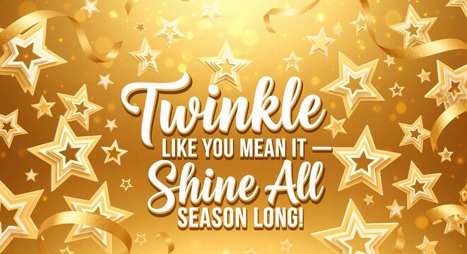 Inspirational holiday quote on a sparkling gold background with stars. Festive Christmas and New Year celebration banner. Twinkle like you mean it, shine all season long message