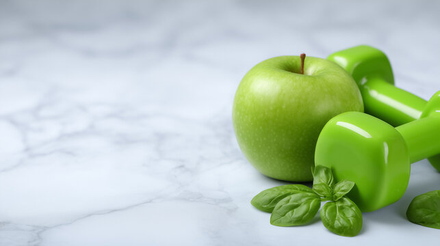 Fresh green apple next to bright green dumbbells and basil leaves on smooth marble surface. Concept of fitness, healthy eating, wellness. Ideal for gyms, nutrition guides, health coaching