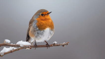 A detailed close-up photograph of a european robin perched on a branch in winter