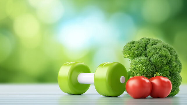 Green dumbbell rests alongside fresh tomatoes and broccoli on a wooden table. Bright outdoor background creates lively atmosphere. Concept of fitness, healthy eating, wellness