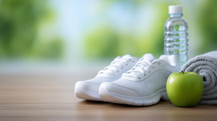 Sneakers placed next to fresh green apple and water bottle on clean wooden floor. Bright background with lush greenery suggesting fitness and wellness. Concept of gym, health lifestyle, nutrition