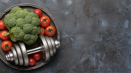 Dumbbell rests on plate surrounded by fresh broccoli and ripe tomatoes. Grey textured background enhances vibrant colors. Concept of fitness, nutrition, health awareness