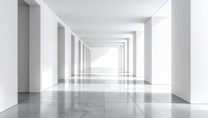 Minimalist corridor with bright light and reflective floor architectural perspective