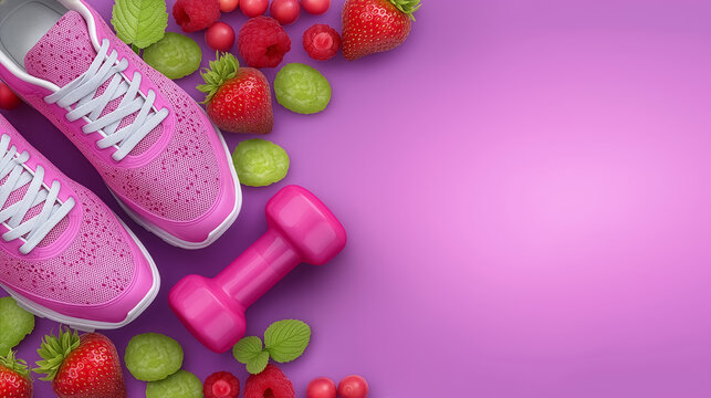 Bright pink athletic shoes and a small dumbbell surrounded by assorted fresh fruits such as strawberries and grapes. Vibrant purple background adds energy