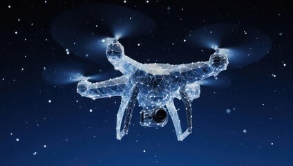 Futuristic Drone Flying Through Digital Galaxy With Stars.