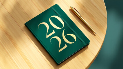Elegant green 2026 planner with gold embossed numbers lying on a light wooden table beside a golden pen, softly lit to create a clean and modern workspace mood