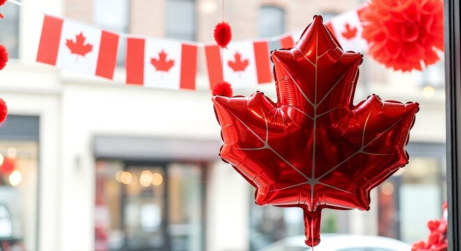 Canada day decorations with a red maple leaf balloon. Patriotic celebration with canadian flags in the background. National holiday party concept