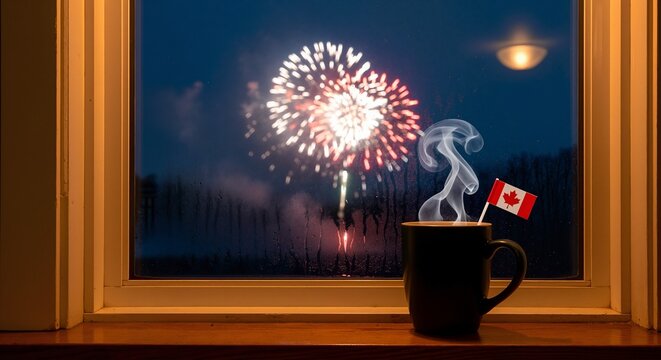 Cozy view of Canada Day fireworks from a window with a steaming mug and Canadian flag. National holiday celebration at home