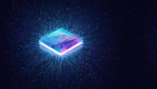 Glowing Futuristic Microchip with Energy Rays on Dark Background.