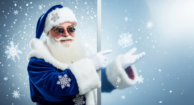 Santa Claus with steampunk glasses in blue suit, pointing at a snowy backdrop, suggesting Christmas, joy, surprise and festive presentation, free space