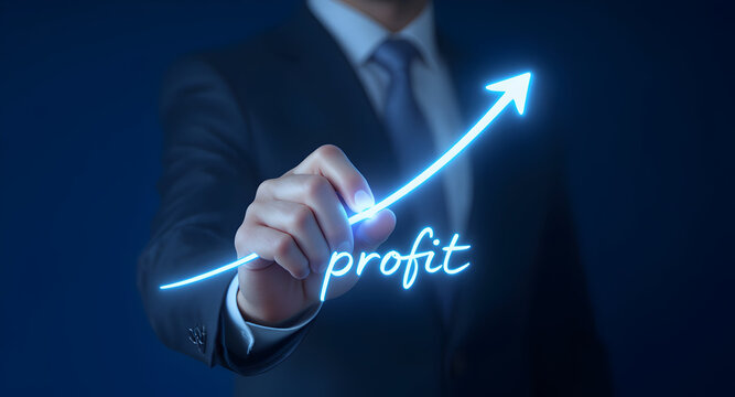 Businessman Drawing Upward Arrow Indicating Profit Growth and Success in Business.