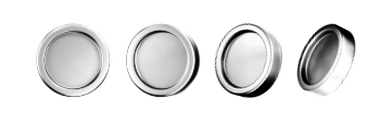 Set of money with dot grainy gradation white and black effect in comic style. Halftone coins set with a dotted collage texture, isolated on a white background. Retro game token. 3d halftone vector