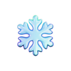 3D blue holographic snowflake with glass neon texture isolated on white background. Glossy frozen crystal iridescent snowflake decoration for Christmas or New Year design, card, poster. 3D vector icon