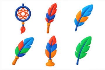 Set of six colorful feathers with a blue dreamcatcher in the middle