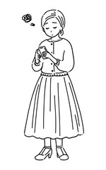 スマホを見る女性　線画4