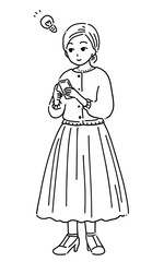 スマホを見る女性　線画3