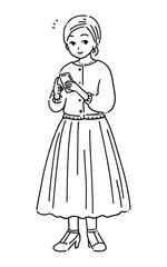 スマホを見る女性　線画2