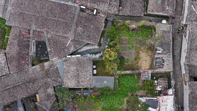 Aerial view of rooftops in Hongcun Village, China.