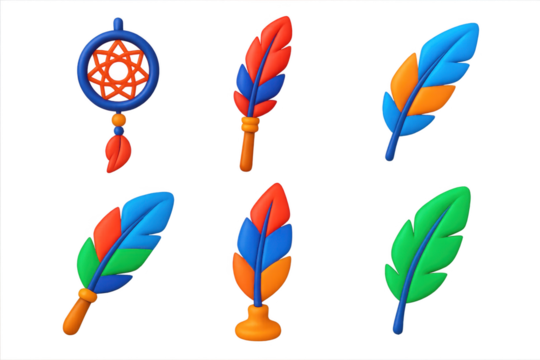 Set of six colorful feathers with a blue dreamcatcher in the middle